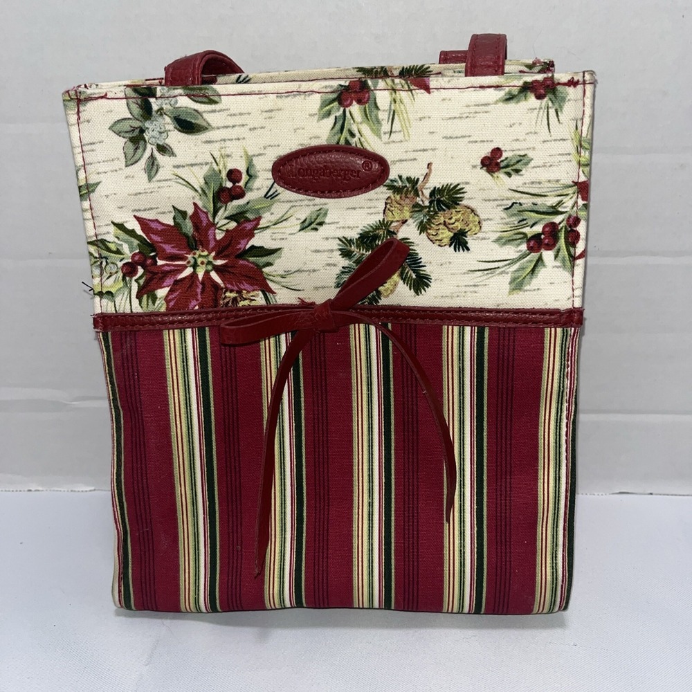 Longaberger Holiday Tote Bag Stripes Lined 9" x 8" x 4" Poinsettia , Pine
